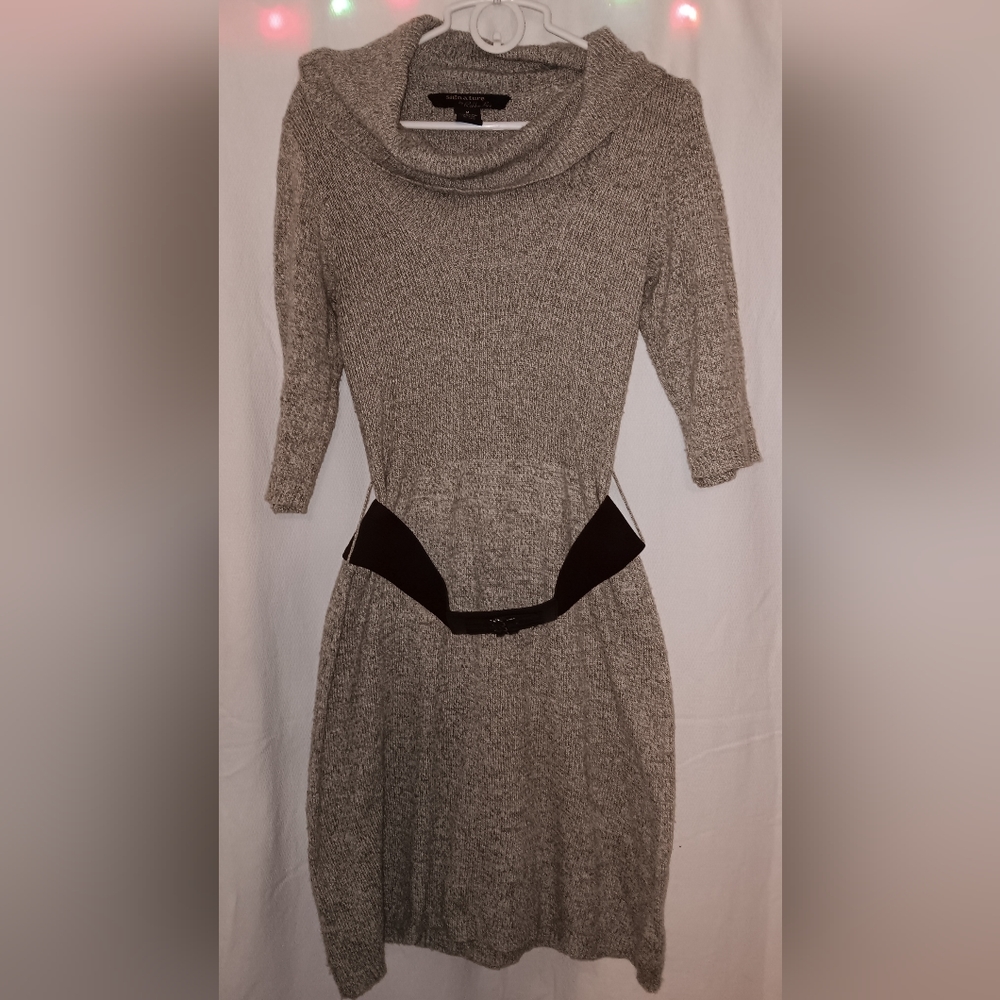 Signature by Robbie Bee Tan Cowl Neck Belted Sweater Dress 5% Lambs Wool Size M